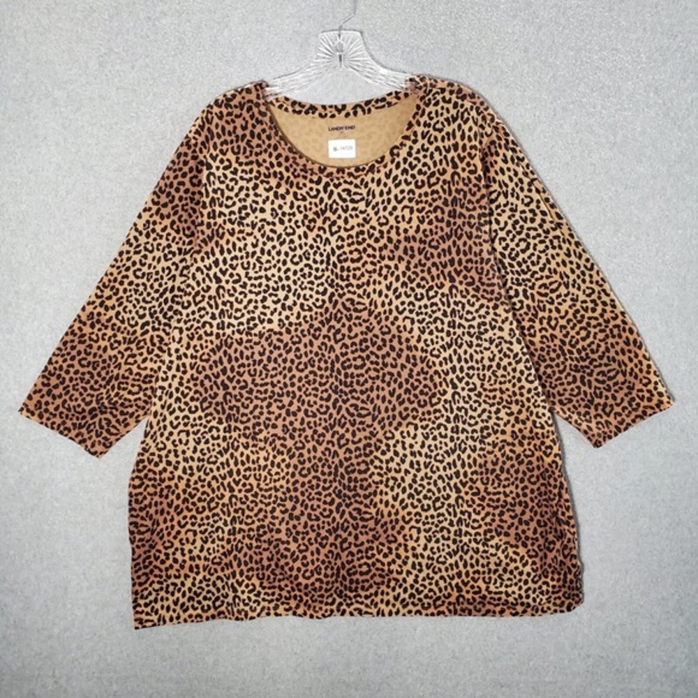 Lands End Women Top 2X Brown Cheetah 3/4 Sleeve Supima Cotton Shirt